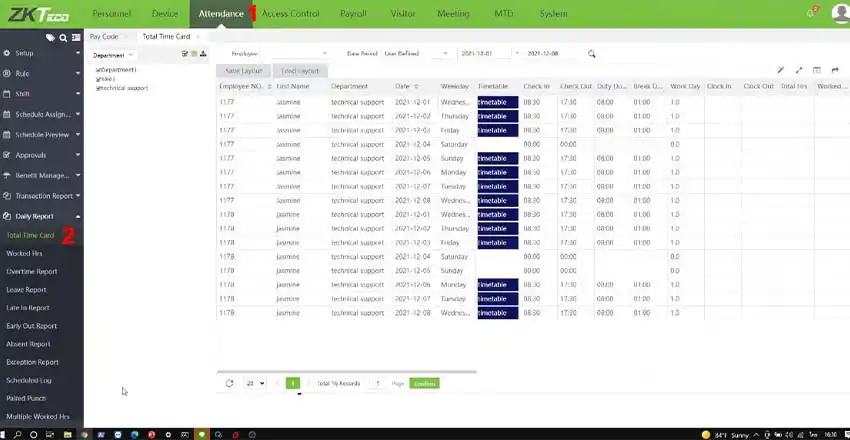 Tài liệu hướng dẫn sử dụng phần mềm Biotime 8.0 Hình 12: Mẫu báo cáo chấm công Total Time Card trên Biotime 8