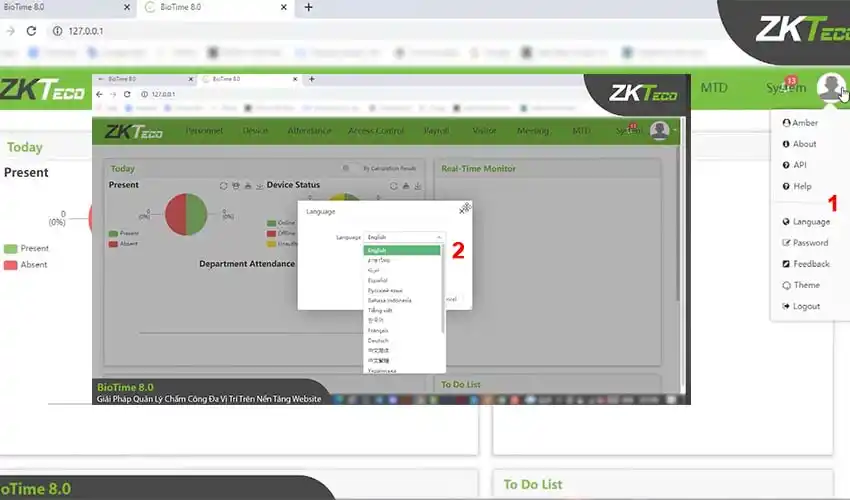 Tài liệu hướng dẫn sử dụng phần mềm Biotime 8.0 ZKBioTime 8.0 hỗ trợ nhiều ngôn ngữ