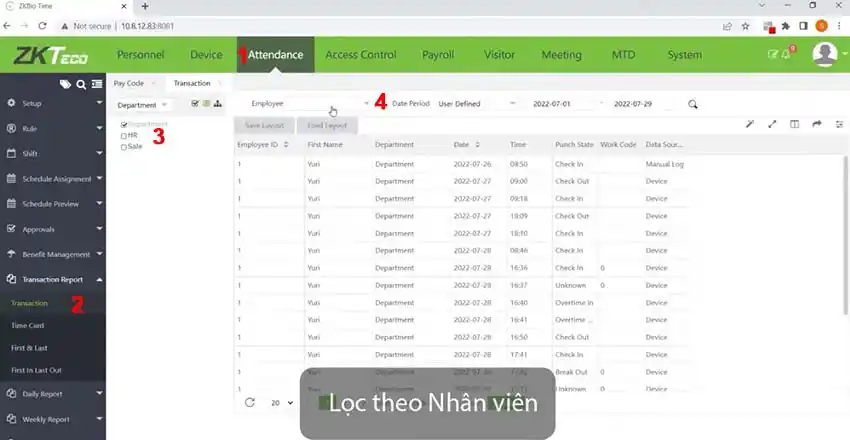 Tài liệu hướng dẫn sử dụng phần mềm Biotime 8.0 Hình 9: Mẫu báo cáo chấm công Transaction trên Biotime 8