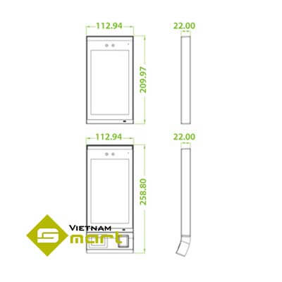 Máy Chấm Công Khuôn Mặt ZKTeco FaceDepot-7B (WP) Kích thước các cạnh của sản phẩm FaceDepot 7B(WP)