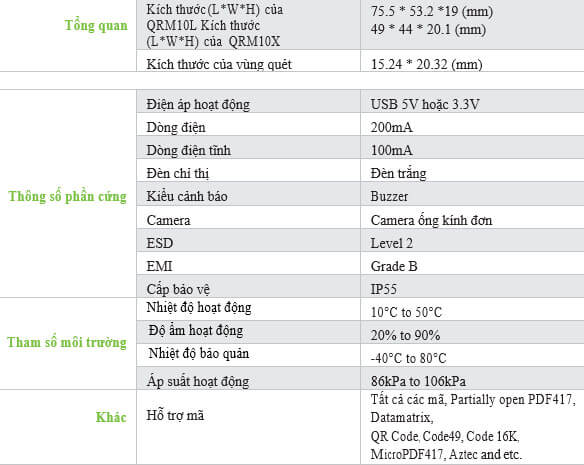 Đầu đọc mã vạch RFID ZKTeco QRM10 Series Bảng thông số kỹ thuật model QRM10 series