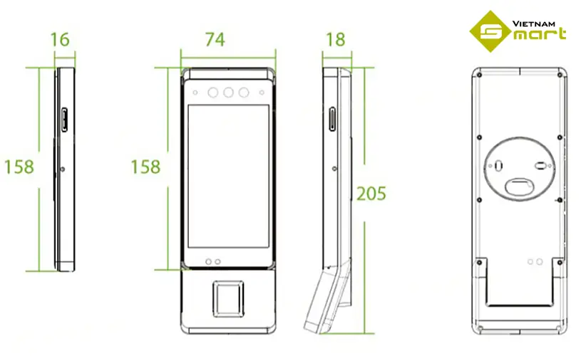 Máy chấm công khuôn mặt ZKTeco Horus E1-FP Kích thước của máy chấm công khuôn mặt Horus E1-FP