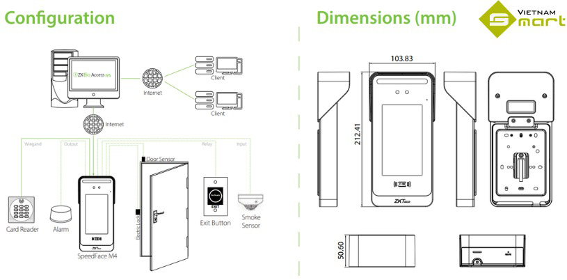 Máy chấm công khuôn mặt ZKTeco SpeedFace M4 Sơ đồ lắp đặt và kích thước thực tế của model chấm công SpeedFace M4