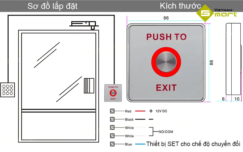 Sơ đồ lắp đặt và kích thước tổng quan của nút exit PBS-821B (LED)