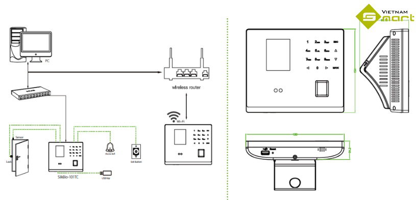 Máy chấm công khuôn mặt ZKTeco Silkbio-101TC Sơ đồ lắp đặt máy chấm công Silkbio-101TC