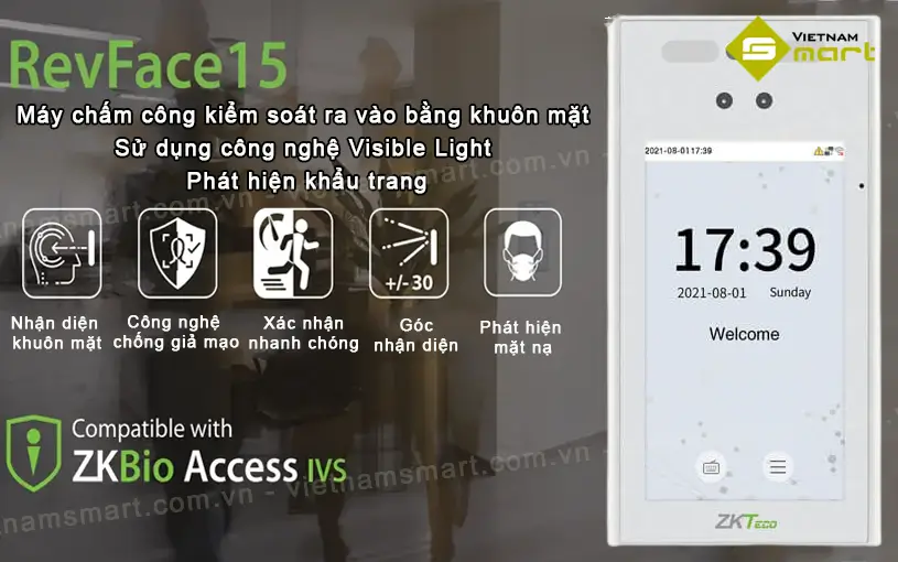 Máy chấm công khuôn mặt ZKTeco RevFace 15 Máy chấm công kiểm soát ra vào bằng khuôn mặt ZKTeco RevFace 15