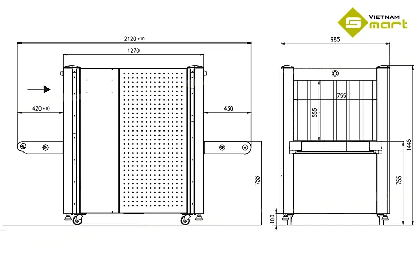 Kích thước chi tiết các cạnh máy soi hành lý HI-SCAN 7555si