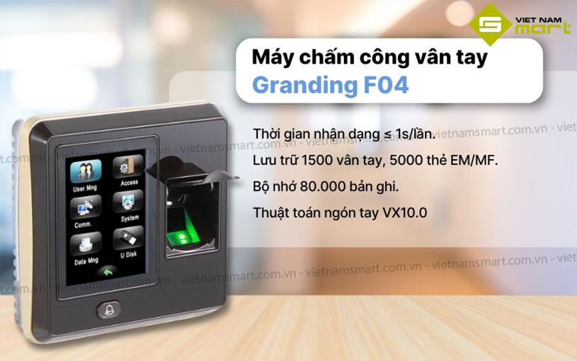 Máy chấm công vân tay Granding F04 Giới thiệu mẫu máy chấm công dấu vân tay Granding F04