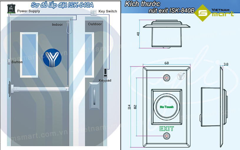 Sơ đồ kỹ thuật và kích thước tổng quan của nút nhấn ISK840A