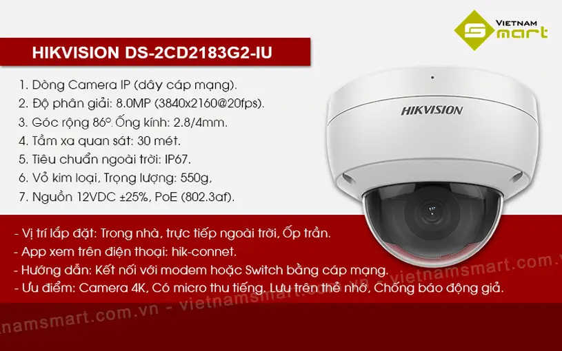 Camera IP Dome hồng ngoại Hikvision DS-2CD2183G2-IU Hikvision DS-2CD2183G2-IU