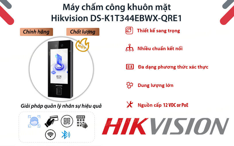 Máy chấm công khuôn mặt Hikvision DS-K1T344EBWX-QRE1 Máy chấm công khuôn mặt Hikvision DS-K1T344EBWX-QRE1 chính hãng được phân phối bởi VietnamSmart