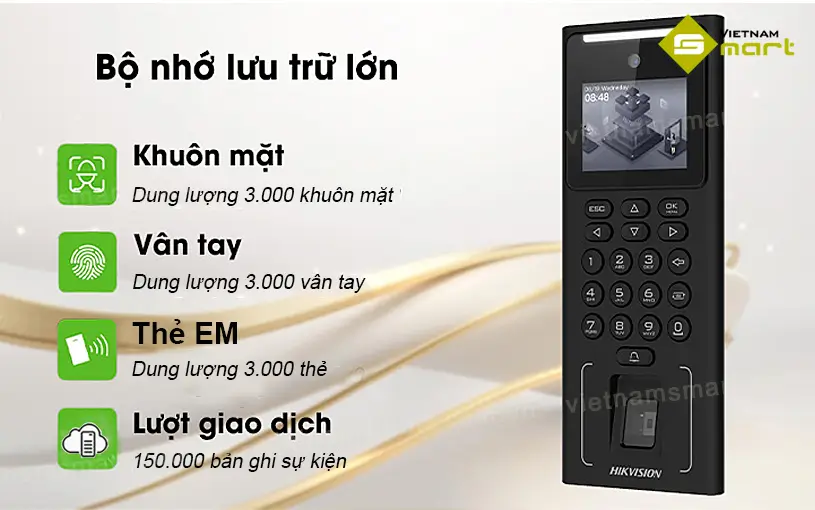 Máy chấm công khuôn mặt Hikvision DS-K1T321EFWX-B Hikvision DS-K1T321EFWX-B có bộ nhớ quản lý lớn