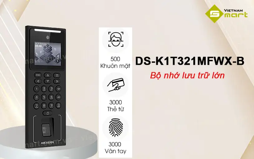 Máy chấm công khuôn mặt Hikvision DS-K1T321MFWX-B Máy chấm công DS-K1T321MFWX-B có bộ nhớ lưu trữ lớn