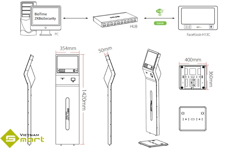 Kích thước và sơ đồ kết nối máy chấm công FaceKiosk-H13C