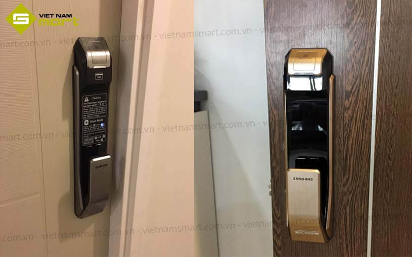 Khóa điện tử vân tay Samsung SHS-P718 Bạc Hình ảnh lắp đặt khóa điện tử Samsung SHS-P718 Bạc
