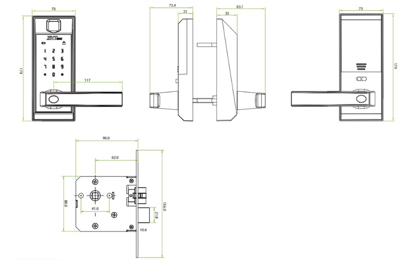 Khóa cửa vân tay thông minh ZKTeco AL20DB Kích thước chi tiết của model khóa cửa AL20DB