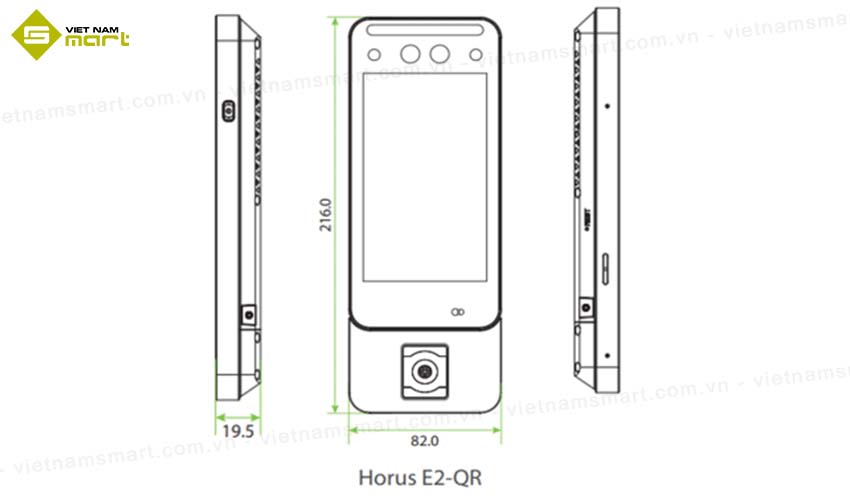 Kích thước máy chấm công kiểm soát cửa ZKTeco Horus E2-QR
