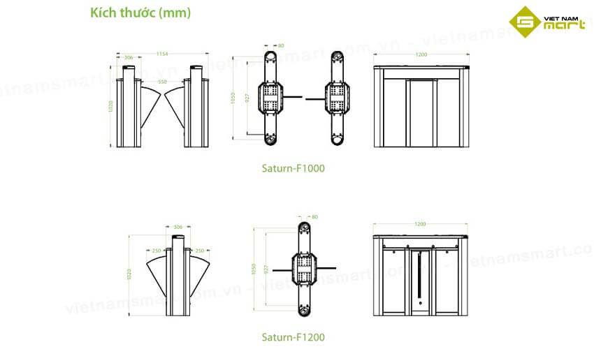 Cổng Flap Barrier ZKTeco Saturn-F1000 Kích thước Saturn-F1000