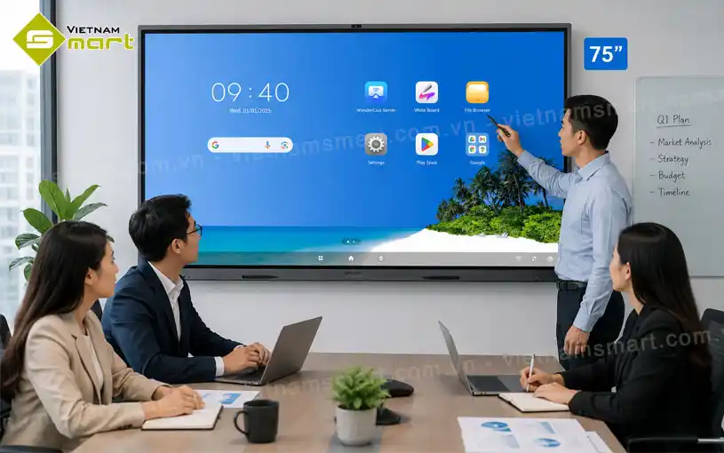 Màn hình tương tác Hikvision WonderHub 75 inch DS-D5B75RB/EP Màn hình tương tác Hikvision WonderHub 75 inch DS-D5B75RB/EP được ứng dụng trong phòng họp của doanh nghiệp