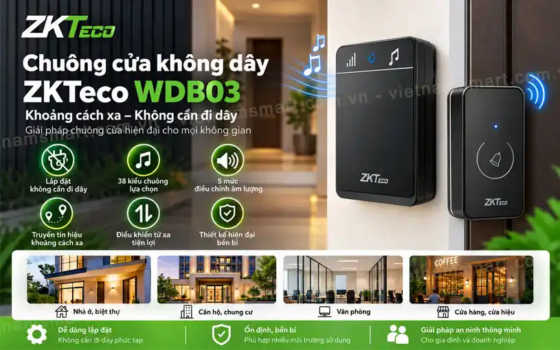 Chuông cửa không dây tầm xa ZKTeco WDB03 Chuông cửa không dây tầm xa ZKTeco WDB03 chính hãng được phân phối bởi VietnamSmart